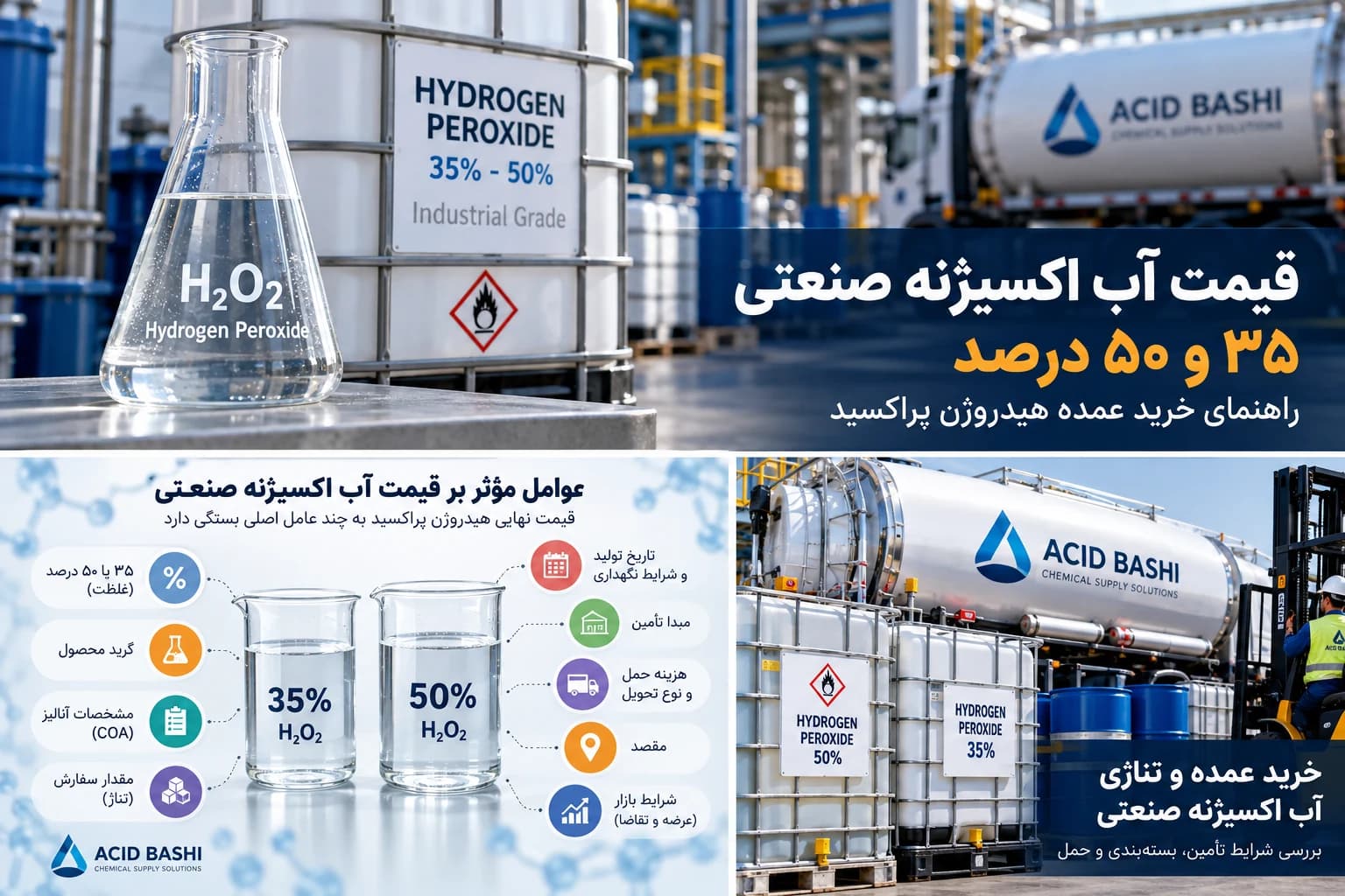 قیمت آب اکسیژنه صنعتی 35 و 50 درصد هیدروژن پراکسید اسید باشی